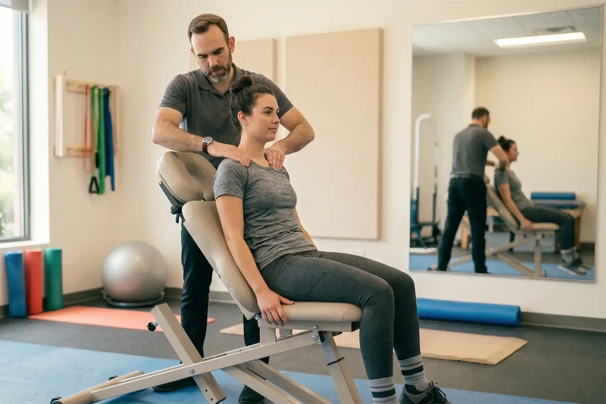 A licensed physical therapist assessing a standing patient at King Physical Therapy and Fitness in Connellsville, PA