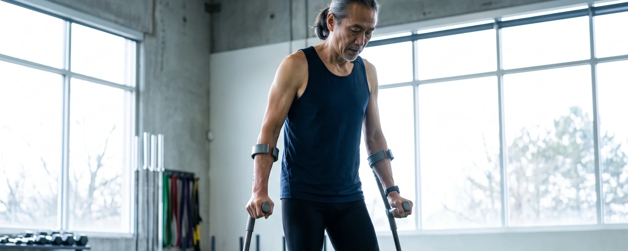 A patient on crutches with a healing surgical knee incision, walking during rehab