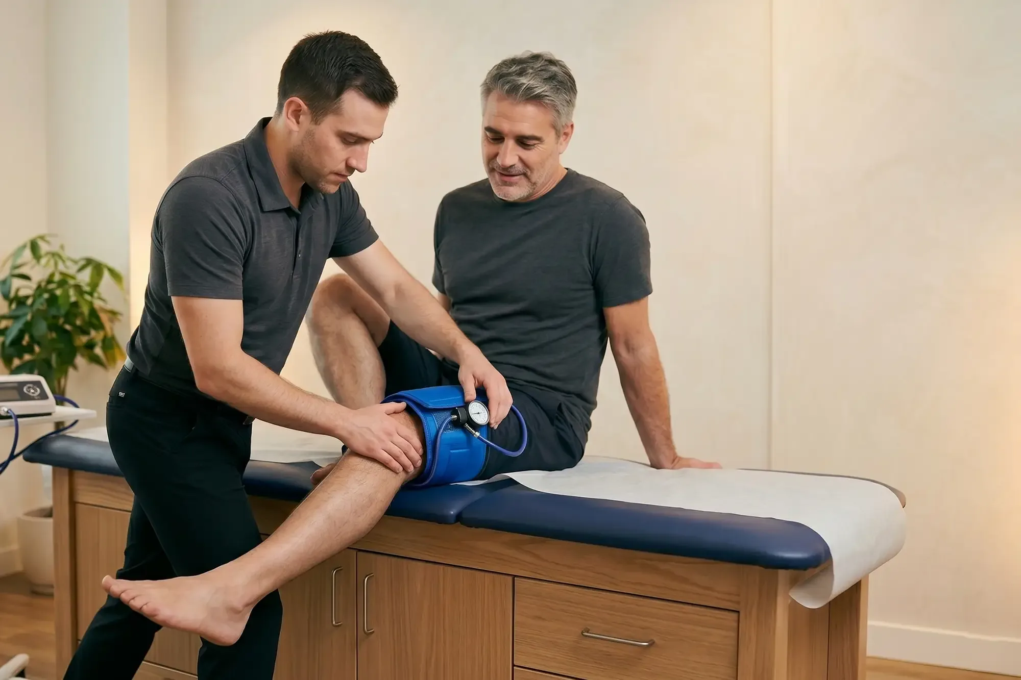 Therapist fitting a blood flow restriction cuff on a patient&rsquo;s leg at a treatment table