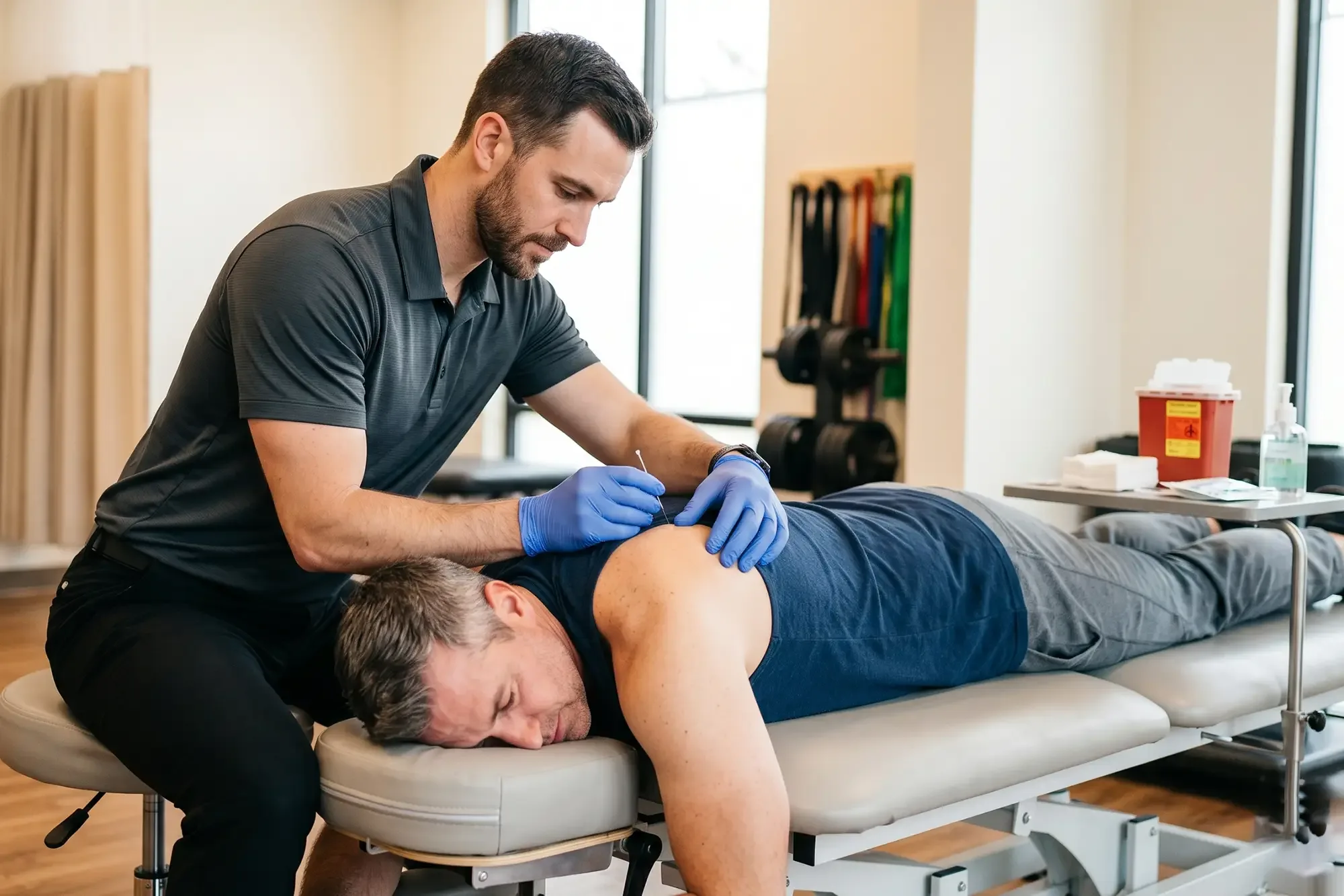 Licensed physical therapist performing dry needling on a patient lying face down on a treatment table