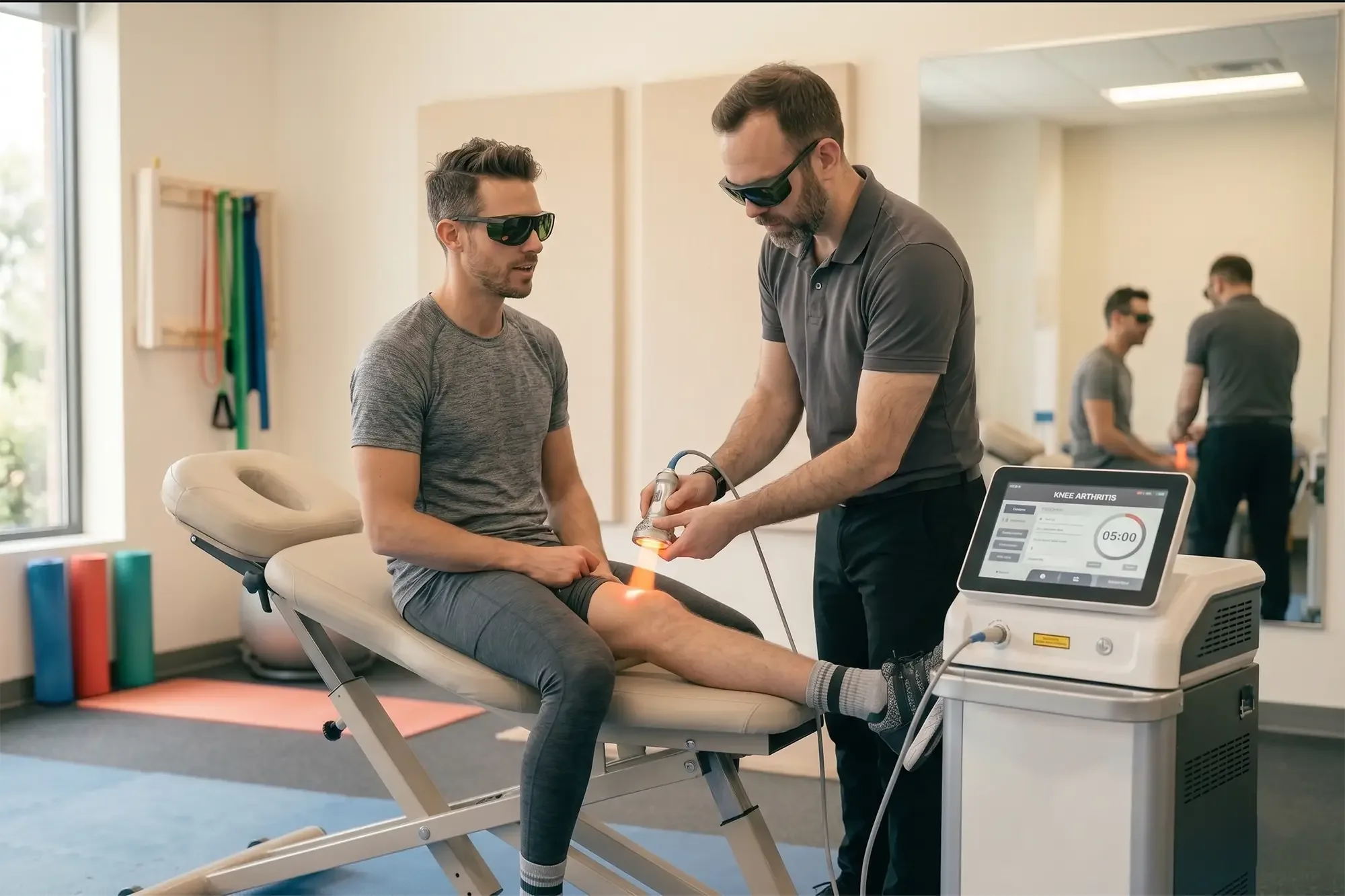 Clinicians delivering laser therapy to a seated patient&rsquo;s knee beside a console cart