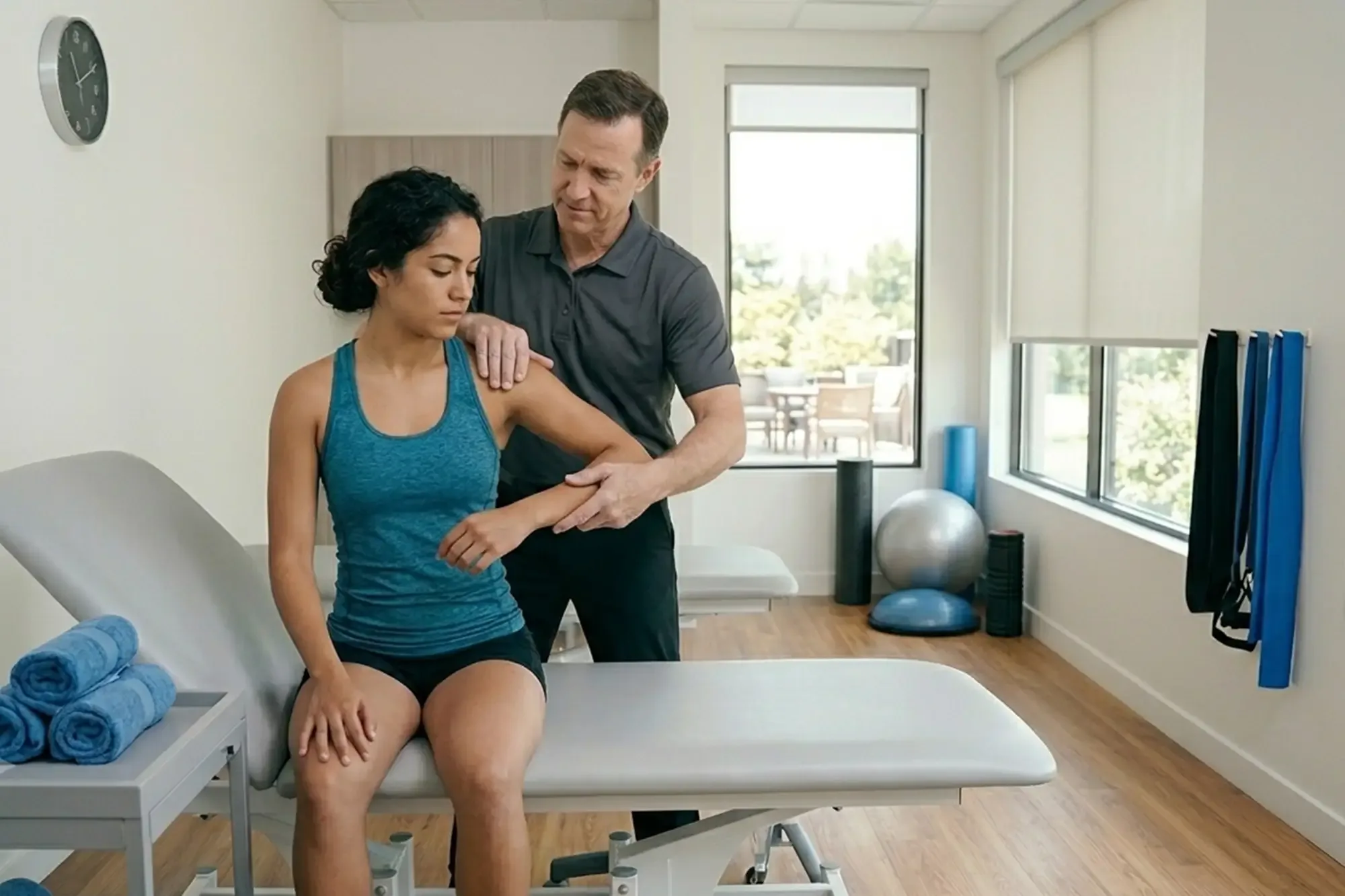 Licensed physical therapist performing manual therapy on a woman seated on a treatment table