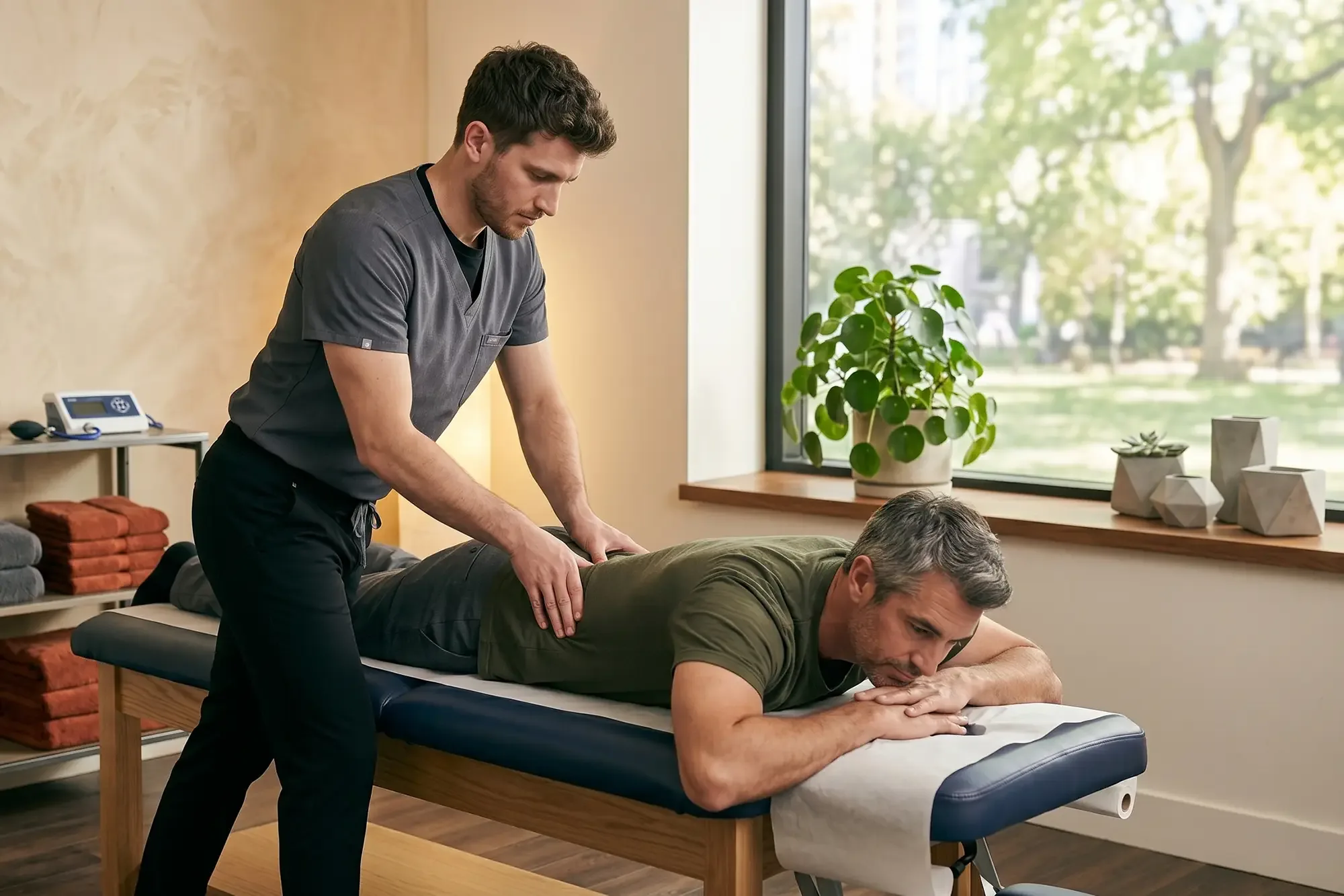 Licensed physical therapist performing spinal manipulation on a patient lying on a treatment table