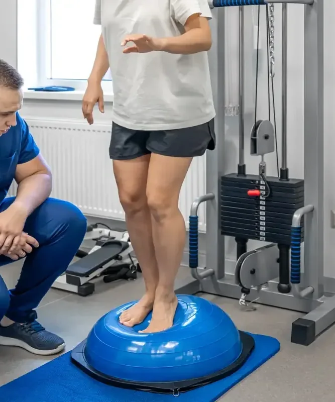 A licensed physical therapist guarding a patient through a standing balance test at King Physical Therapy and Fitness in Connellsville, PA