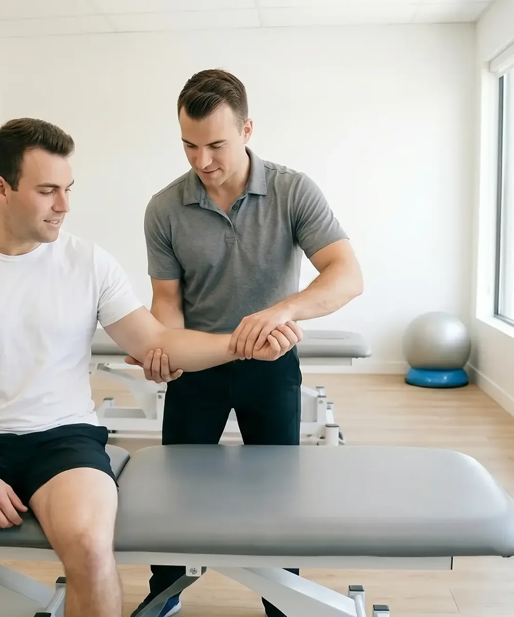A licensed physical therapist talking a patient through a pacing plan for long-standing pain at King Physical Therapy and Fitness in Connellsville, PA