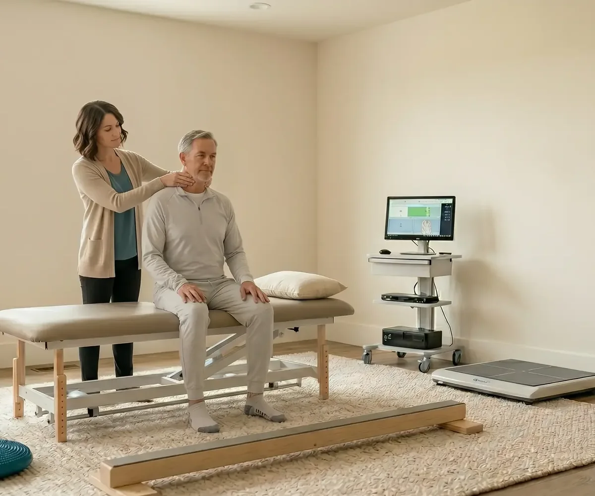 A physical therapy treatment room with a table, monitor cart and a therapist working with a patient