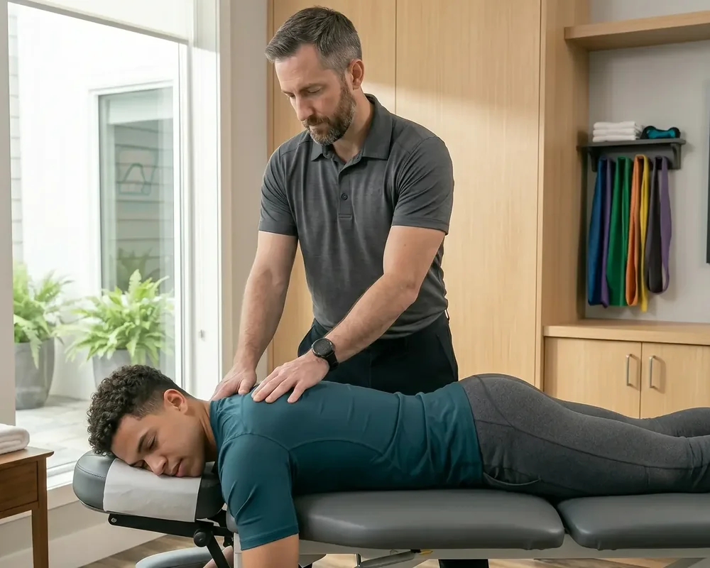 A licensed physical therapist performing a hands-on manual therapy technique on a patient at King Physical Therapy and Fitness in Connellsville, PA