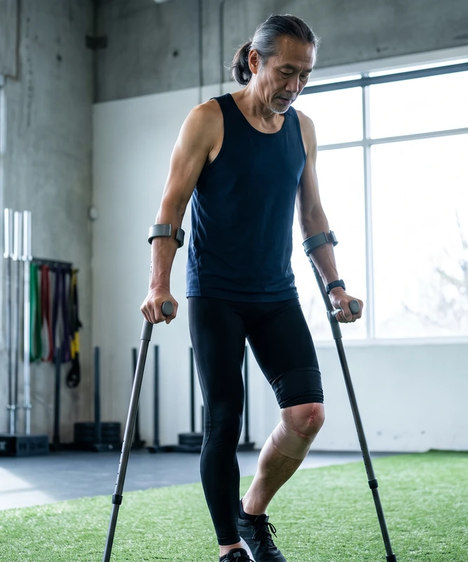 A post-surgical patient using crutches during rehab, with a healing knee incision visible, at King Physical Therapy and Fitness in Connellsville, PA